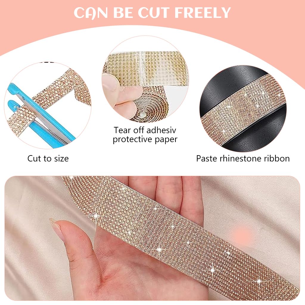 MAYCREATE® 1 Roll DIY Rhinestone Ribbon Tape 1 inches x 1 Yard Self Adhesive Champagne Pink Rhinestone Tape DIY Sparkling Resin Rhinestone Strips for DIY Craft, Wall Decoration, Scrapbook Art