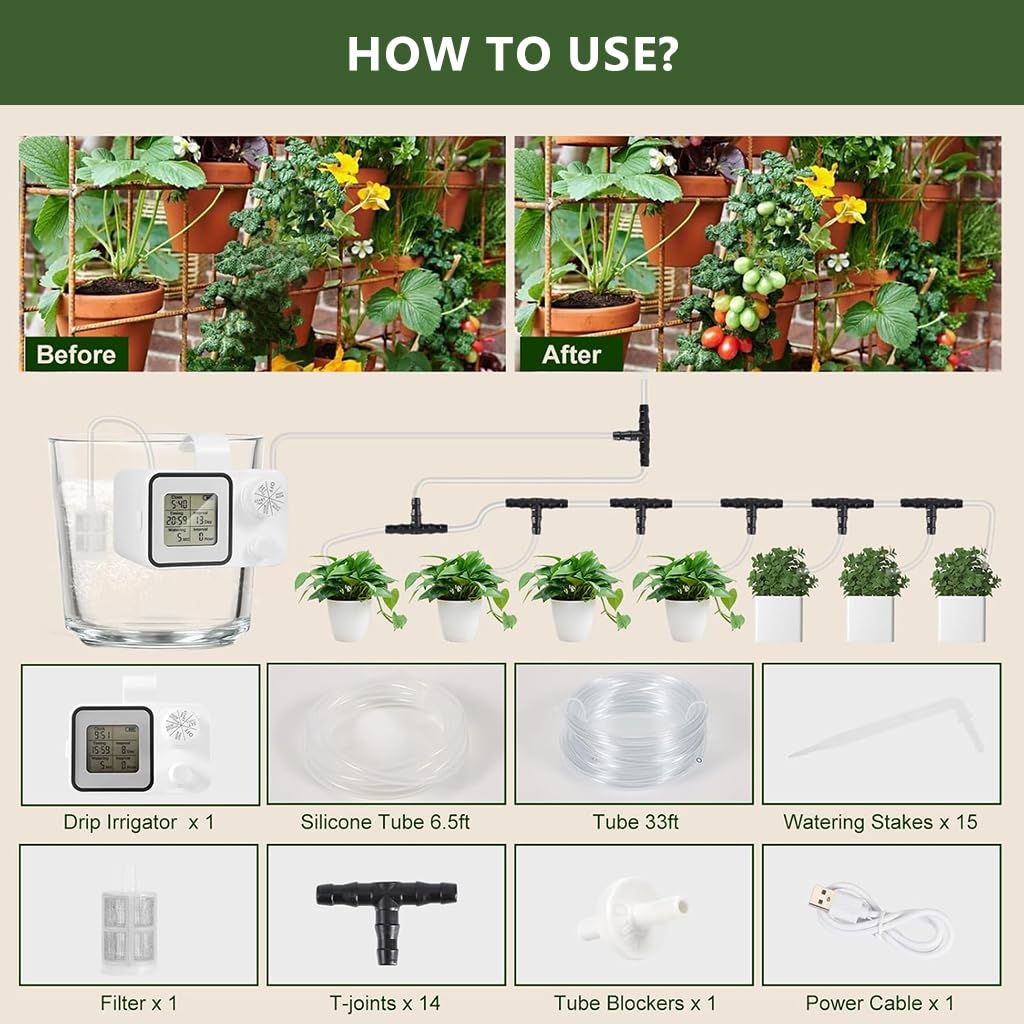 HASTHIP Automatic Drip Irrigation Timer with LCD Display and 10m PVC Tubing | USB Rechargeable Self Watering System