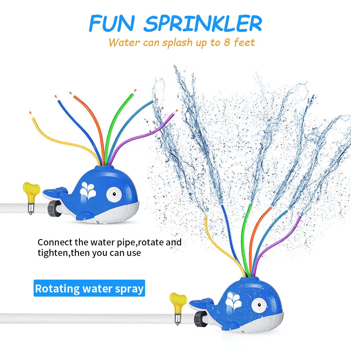 PATPAT Water Toys for Kids featuring 6 Swing Tubes and 8 ft Spray Range | Blue Whale Sprinkler