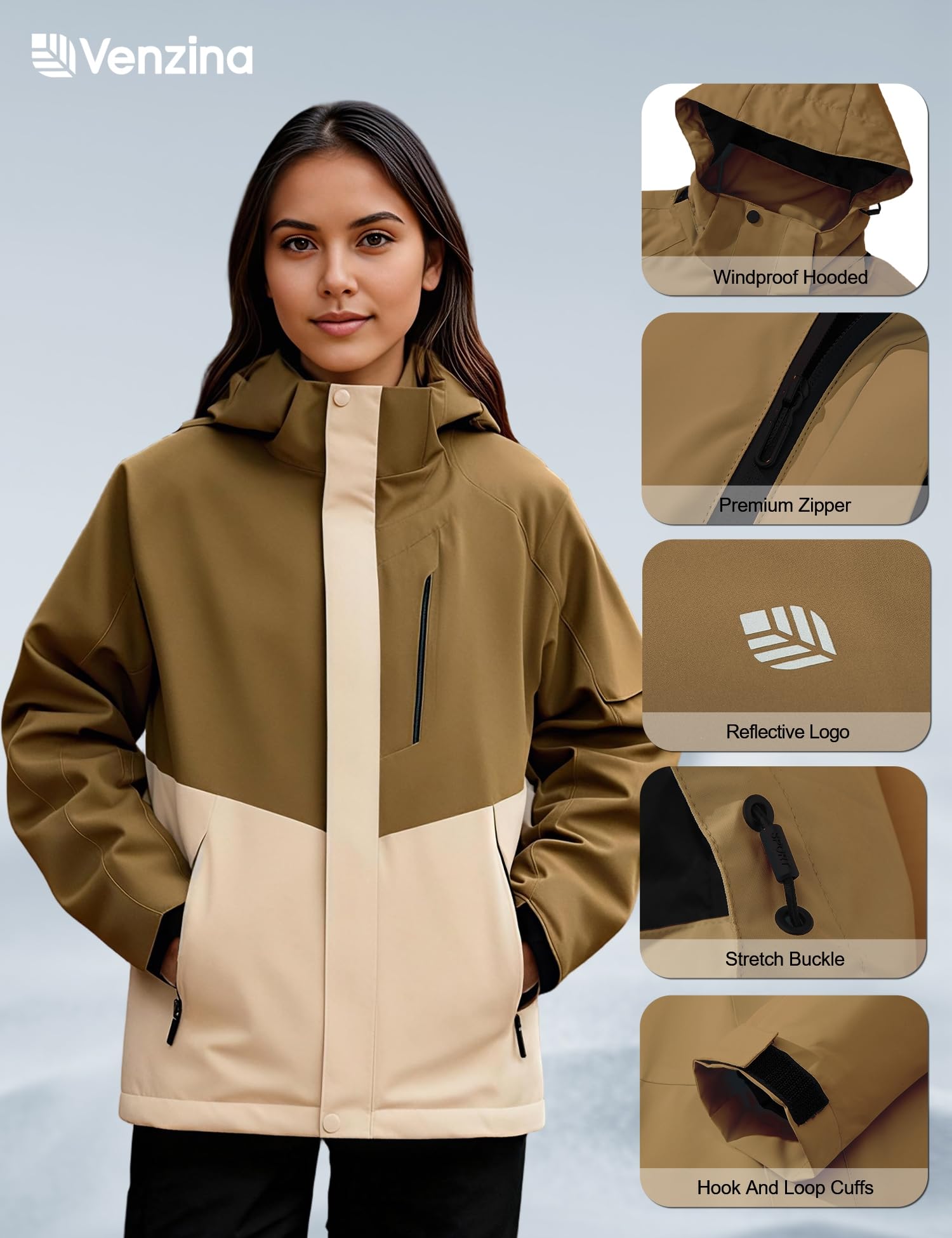 Venzina Women's Water Repellent Jacket for Hiking and Commute with Reflective Design | Lightweight Breathable Windbreaker Brown XL