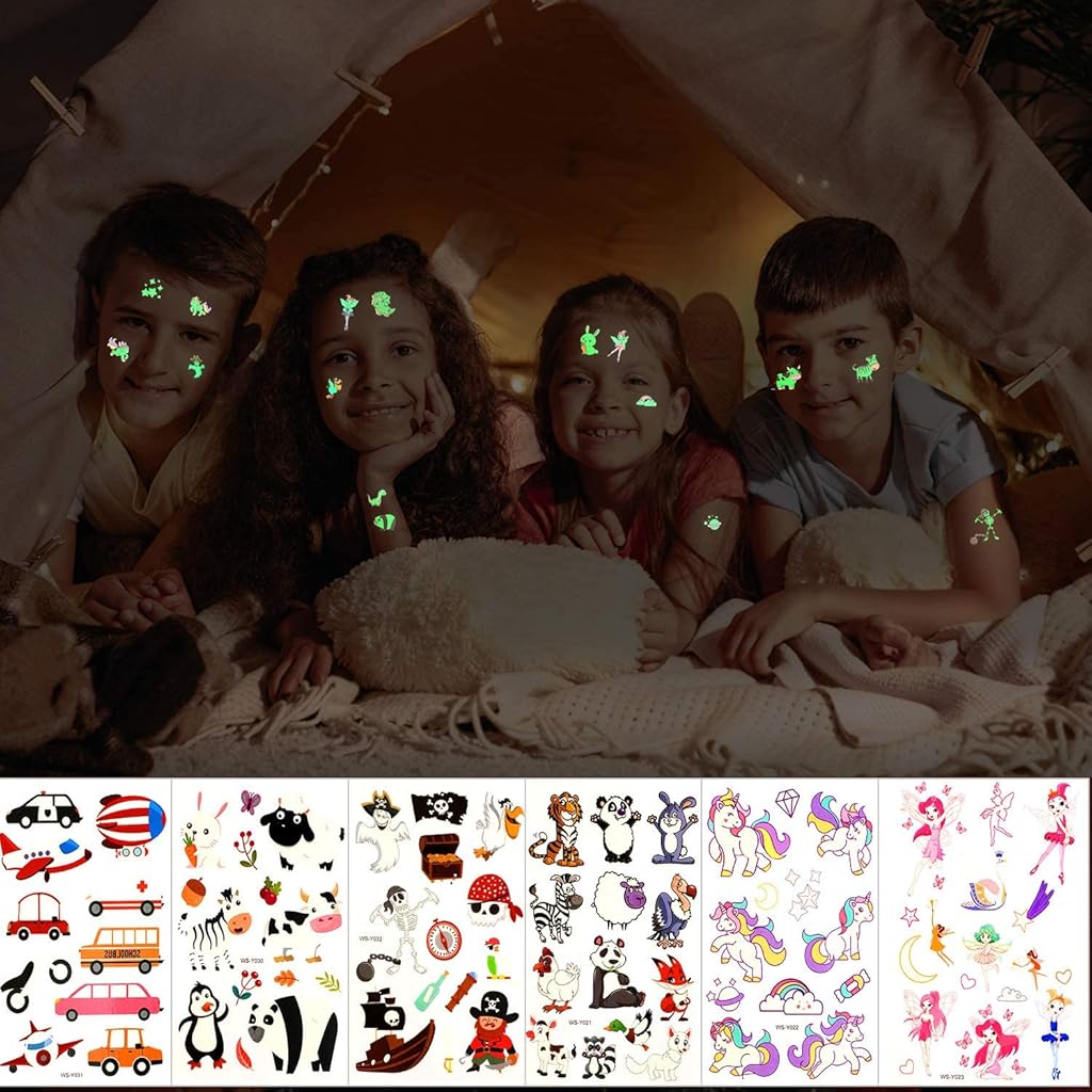 PATPAT® 12 Sheets Glow Temporary Cartoon Sticker for Kids Fake Tattoos Masquerade Luminous Tattoo Boys Girls Party Supplies Fun 24PCS