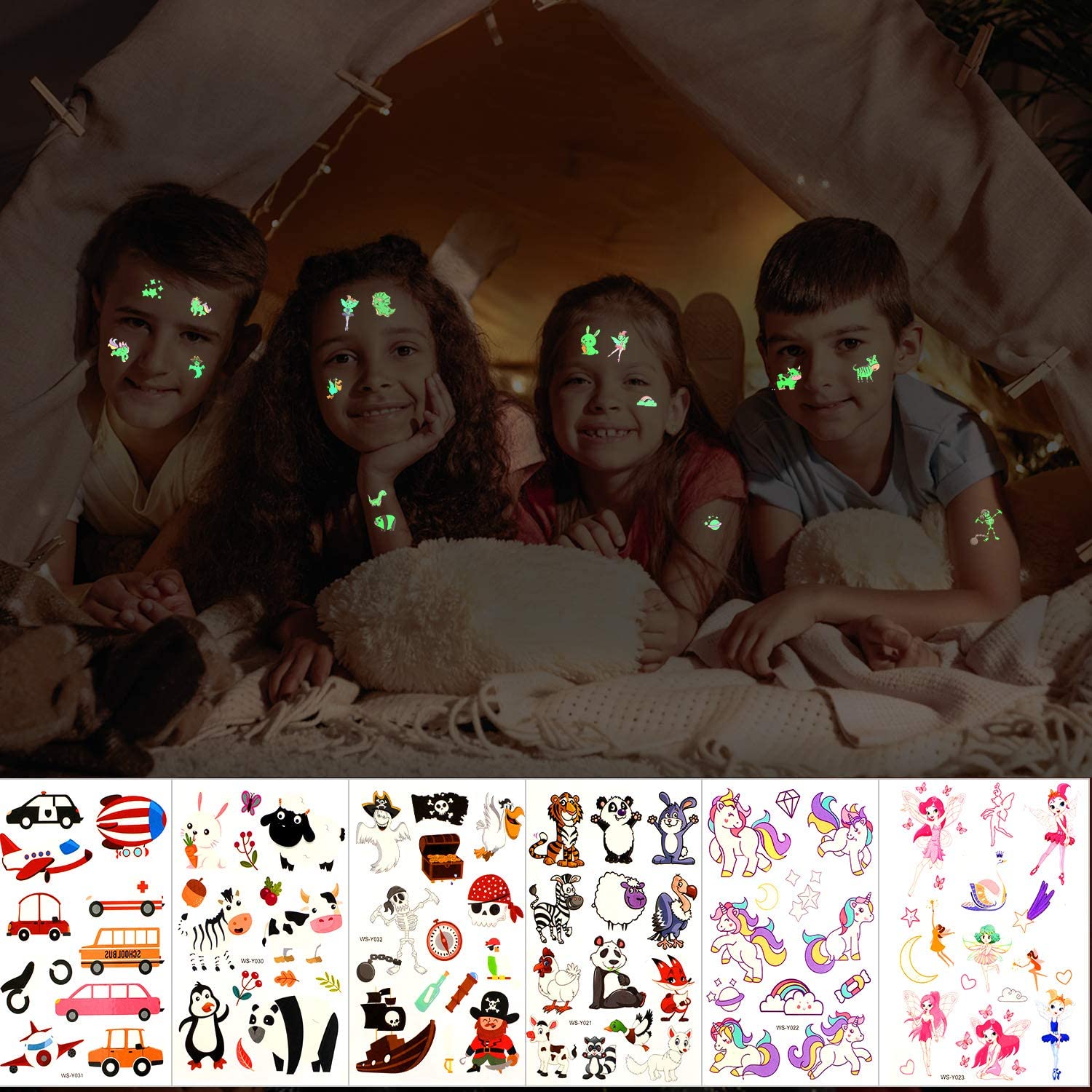 PATPAT Glow Temporary Tattoo Stickers for Kids 12 Sheets with Luminous Cartoon Designs | Safe Skin Fun Party Supplies