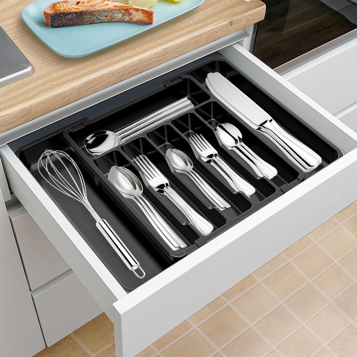 Supvox Kitchen Drawer Divider Organizer for Cutlery with 13–22.4 in Adjustable Length and 6 Compartments | PP Plastic Silverware Tray