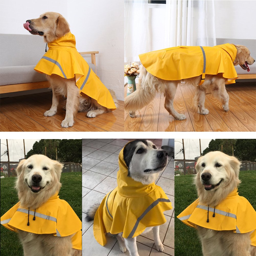 Qpets® Dog Raincoat Hooded Slicker Poncho for Medium Large Dogs Golden Retriever Labradoodle Dog Raincoat Rain Jacket Poncho Hoodies with Strip Reflective(M)