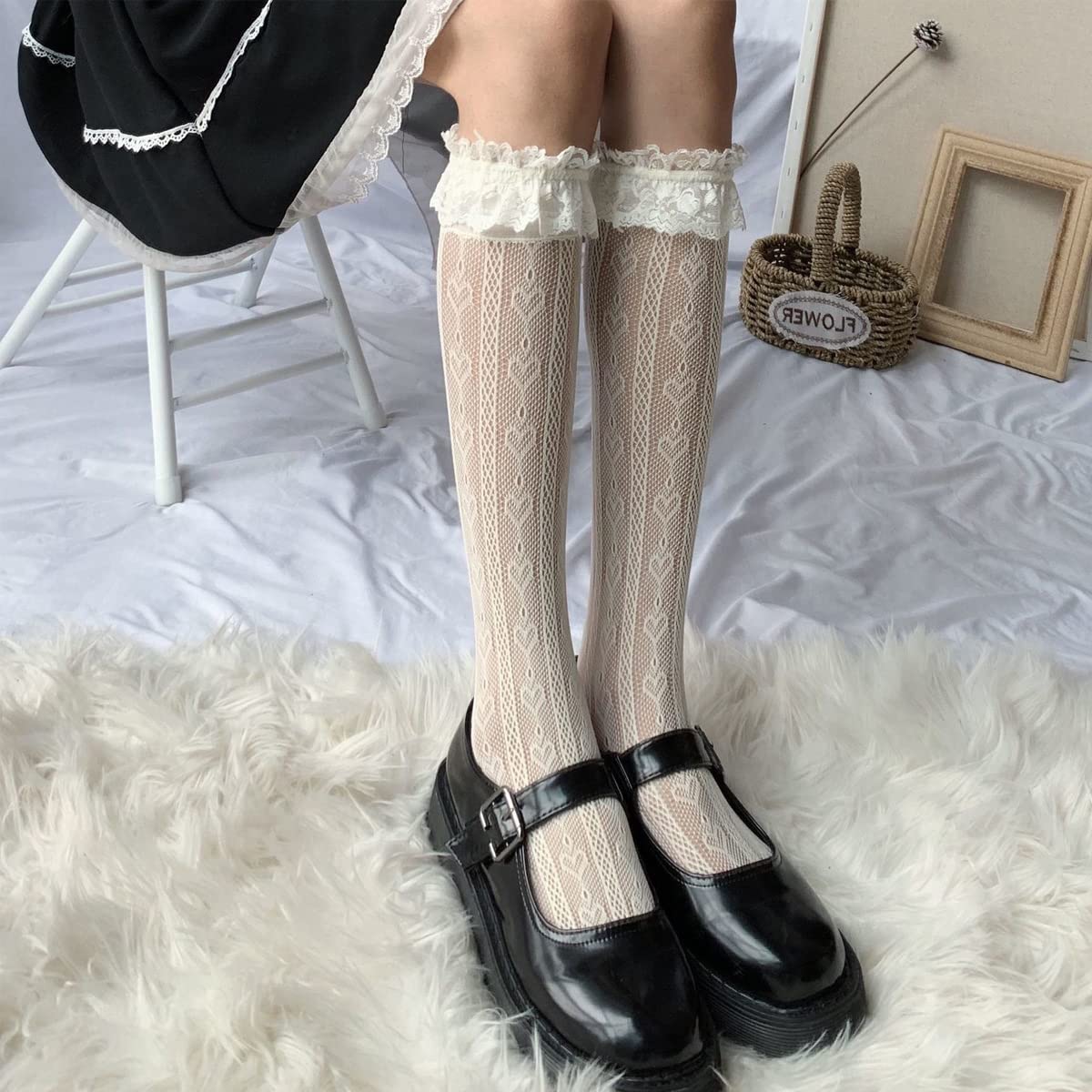 PALAY Lolita Lace Socks for Girls featuring 22.44 in Over Knee Design | White Pair