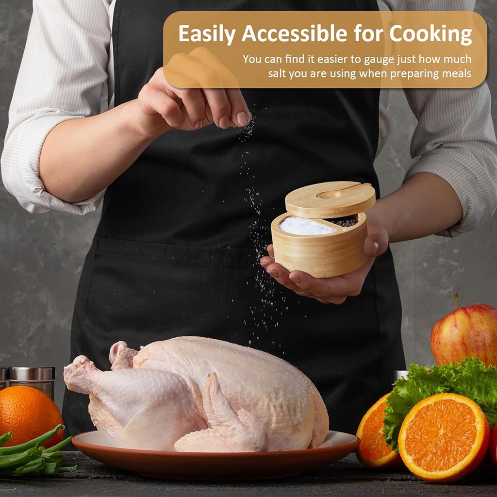 Supvox® 2-Compartment Salt Box for Salt & Spices, Bamboo Salt Cellar with Swivel Lid and Wooden Spoon, Dual 6 oz Salt Containerer