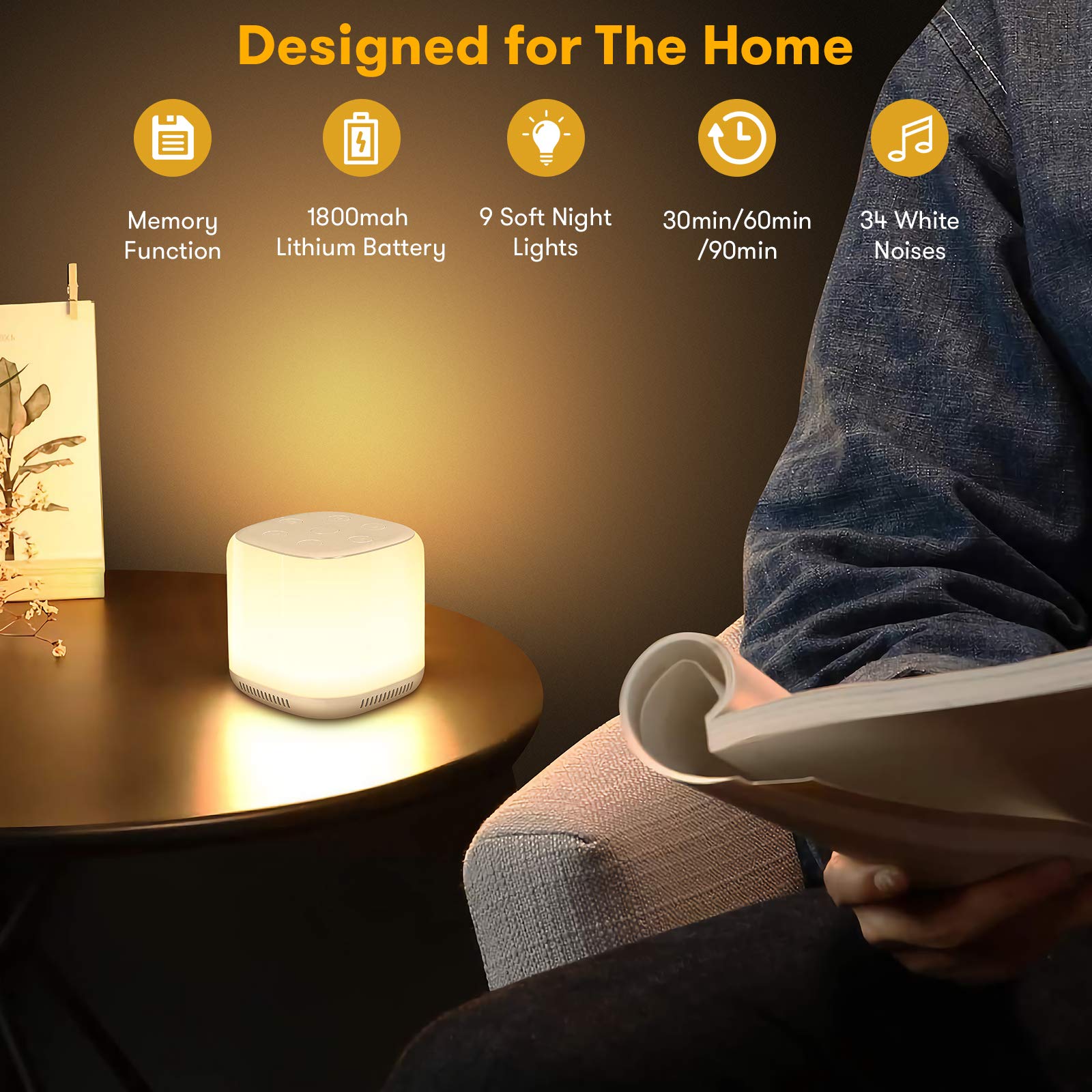 HASTHIP® White Noise Machine for Baby Sleep Aid 1800mAh LED Night Light White Noise Therapy Machine for Adults with 34 Natural Soothing Melody Adjustable 3 Timer Function White Noise Sounds Machine