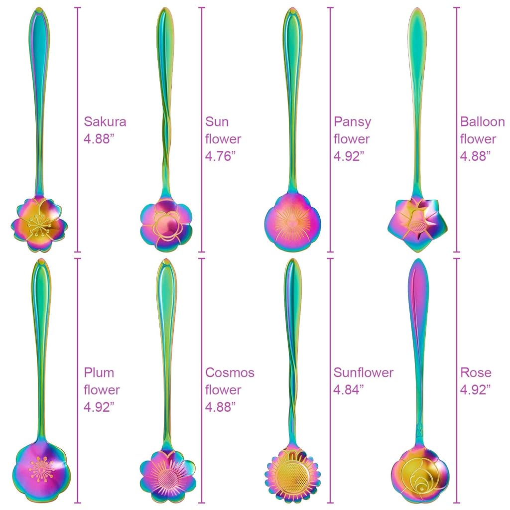 HASTHIP® 8Pcs Colorful Stainless Steel Coffee Spoon Set, Reusable Teaspoons Coffee Sugar Stirring Spoon, Dessert Cake Spoons Tea Scoops (Rainbow Flower)