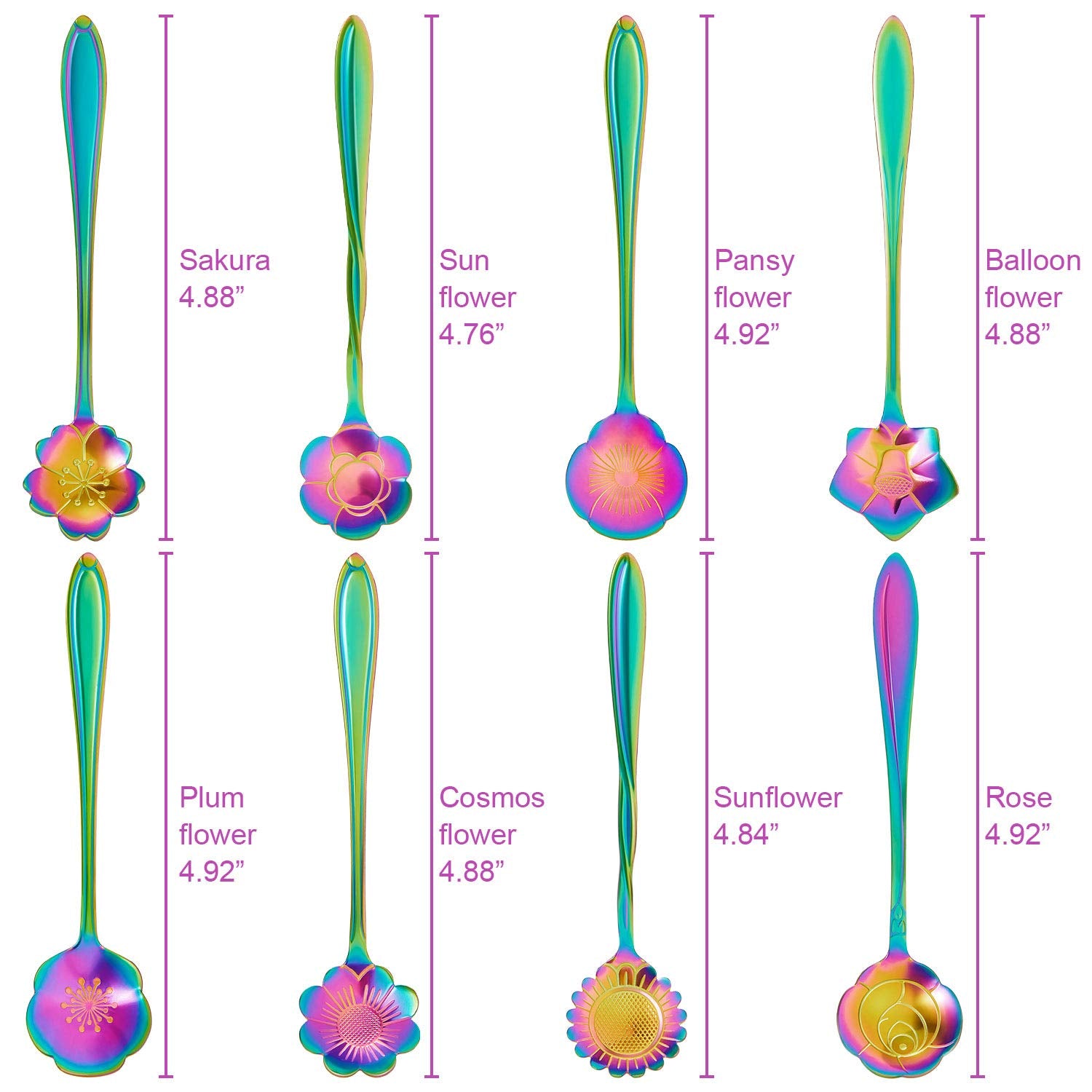 HASTHIP® 8Pcs Colorful Stainless Steel Coffee Spoon Set, Reusable Teaspoons Coffee Sugar Stirring Spoon, Dessert Cake Spoons Tea Scoops (Rainbow Flower)