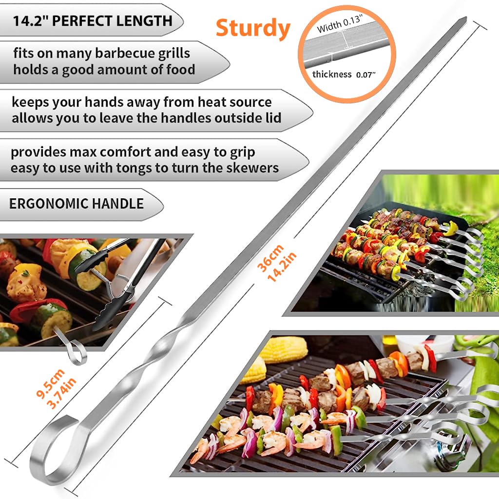 HASTHIP Skewers for Grilling with Flat Blade and Ergonomic Handle 10pcs 14in Stainless Steel