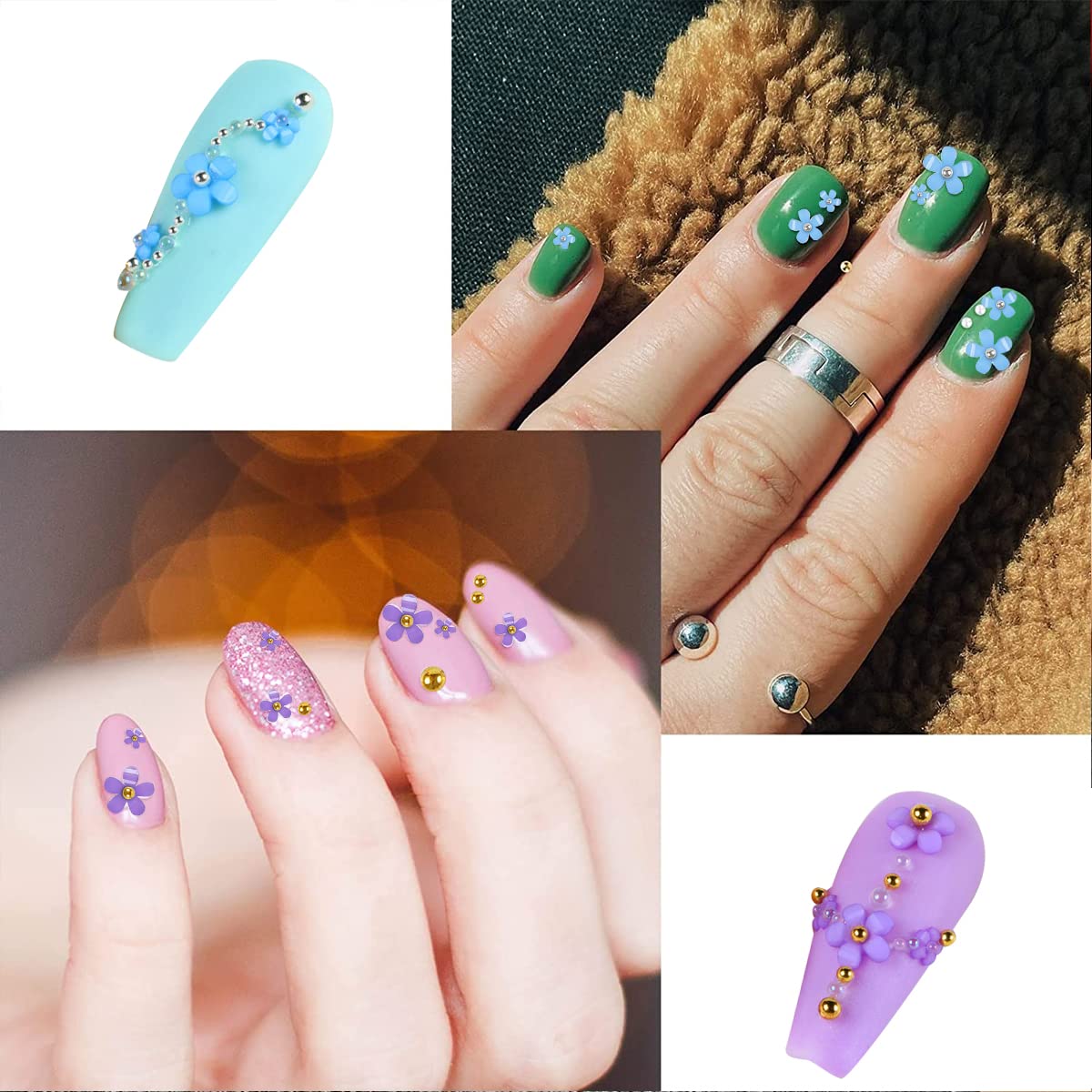 MAYCREATE 3D Flower Nail Charms for DIY Nail Art with 400 pcs Acrylic Decals | Blue and Purple Designs