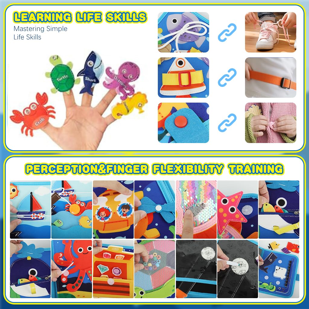 SNOWIE SOFT Ocean Toddler Busy Binder for Travel with Hand Puppet and Felt Pages | Montessori Quiet Book for Kids 1–3
