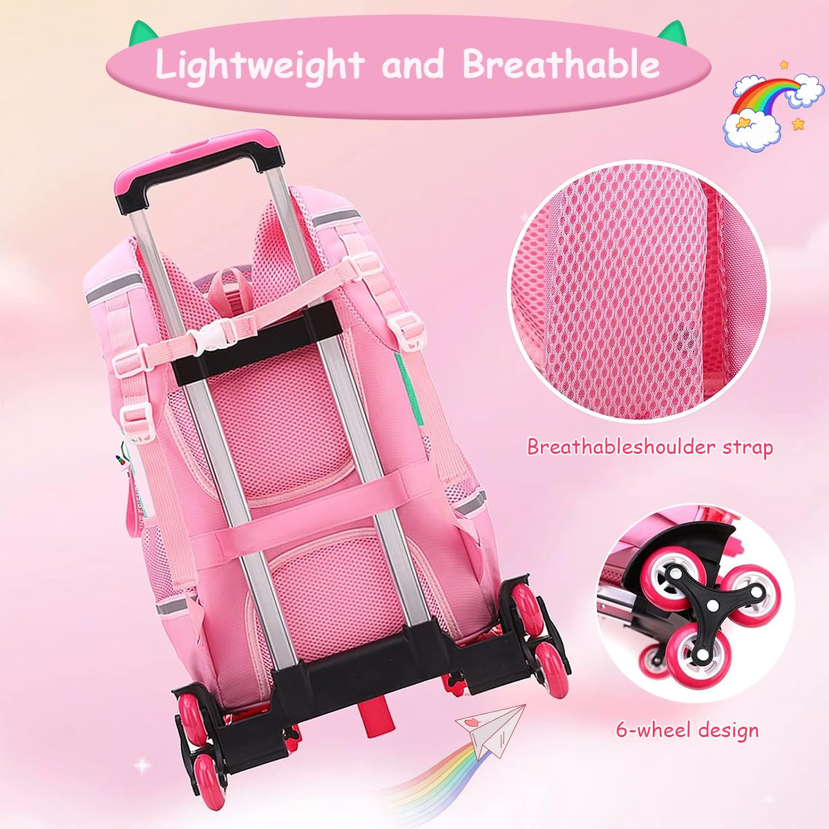 Venzina Trolley School Bag for Girls with 3 Wheel Stand and PU Pink Cartoon Design | Large Capacity Backpack