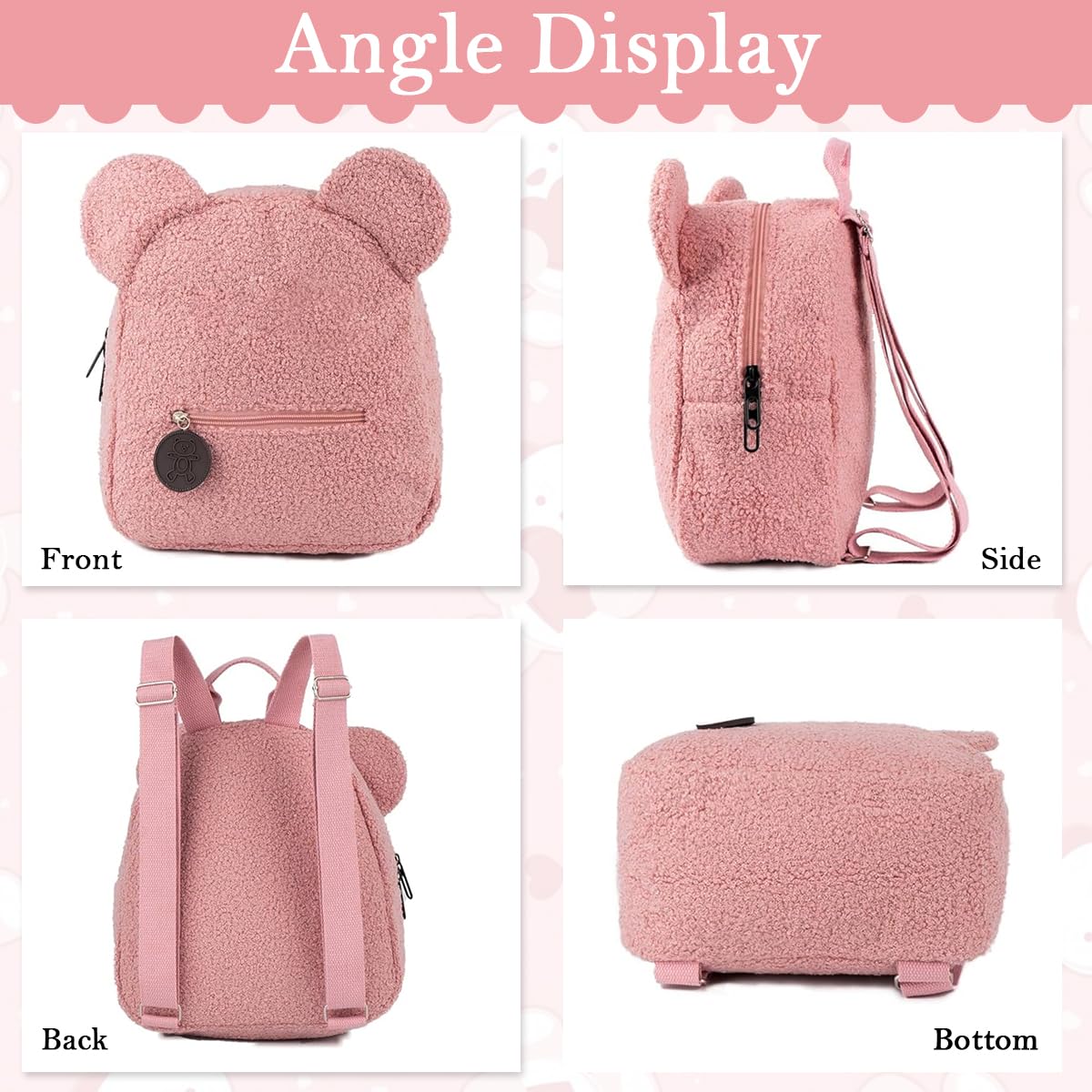 PATPAT Kids Backpack for Girls with Adjustable Straps 28x27x13cm Pink Bear Plush | Cute Kawaii Daypack