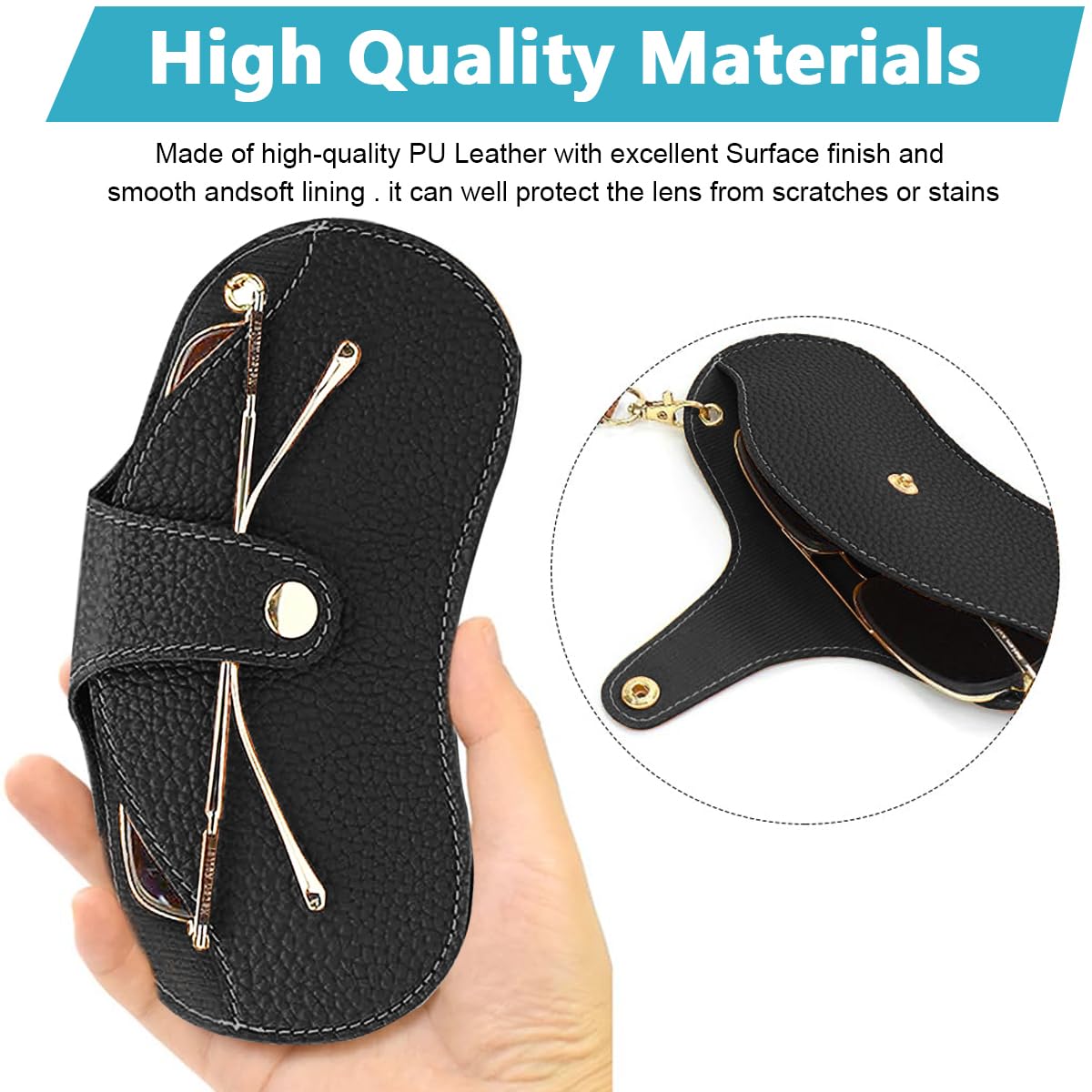 PALAY Sunglasses Case for Travel with 44.5cm Wrist Strap and Snap Button Closure | Black PU Leather