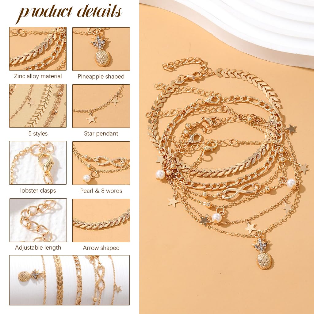 SANNIDHI Anklets for Women Girls 5 Pcs Set with Adjustable Chain in Golden Alloy | Beach and Daily Jewellery