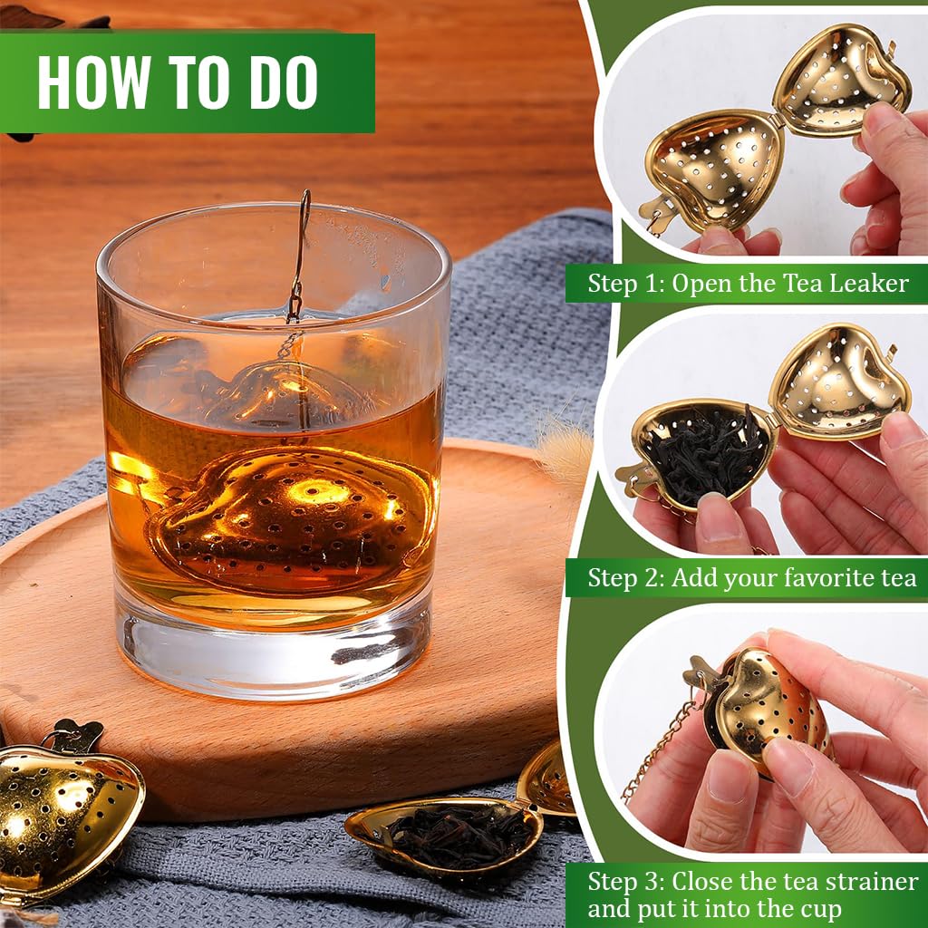 Supvox Tea Strainer Set for Loose Leaf Tea with Fine Mesh and Hooked Chain | 4Pcs Stainless Steel Heart Shape 4.3x4.7cm