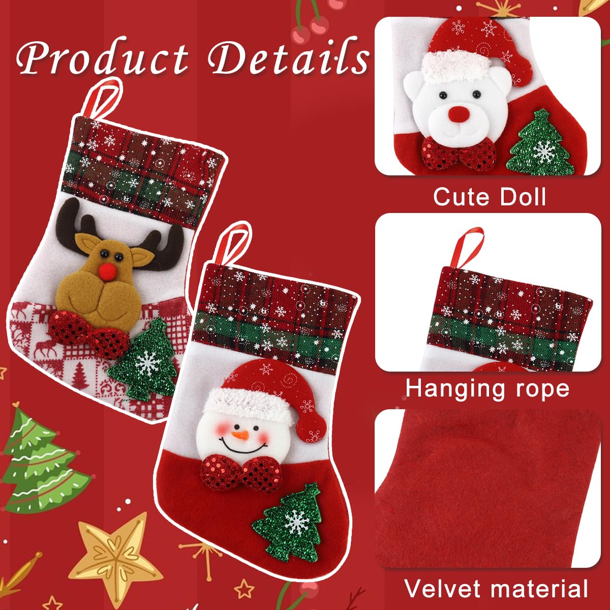 HASTHIP® 4pcs Red Christmas Stocking 9.8 inch Christmas Gift Stocking with 4 Designs Hanging Christmas Stockings Gift Christmas Stocking Christmas Stocking for Window, Christmas Tree, Door