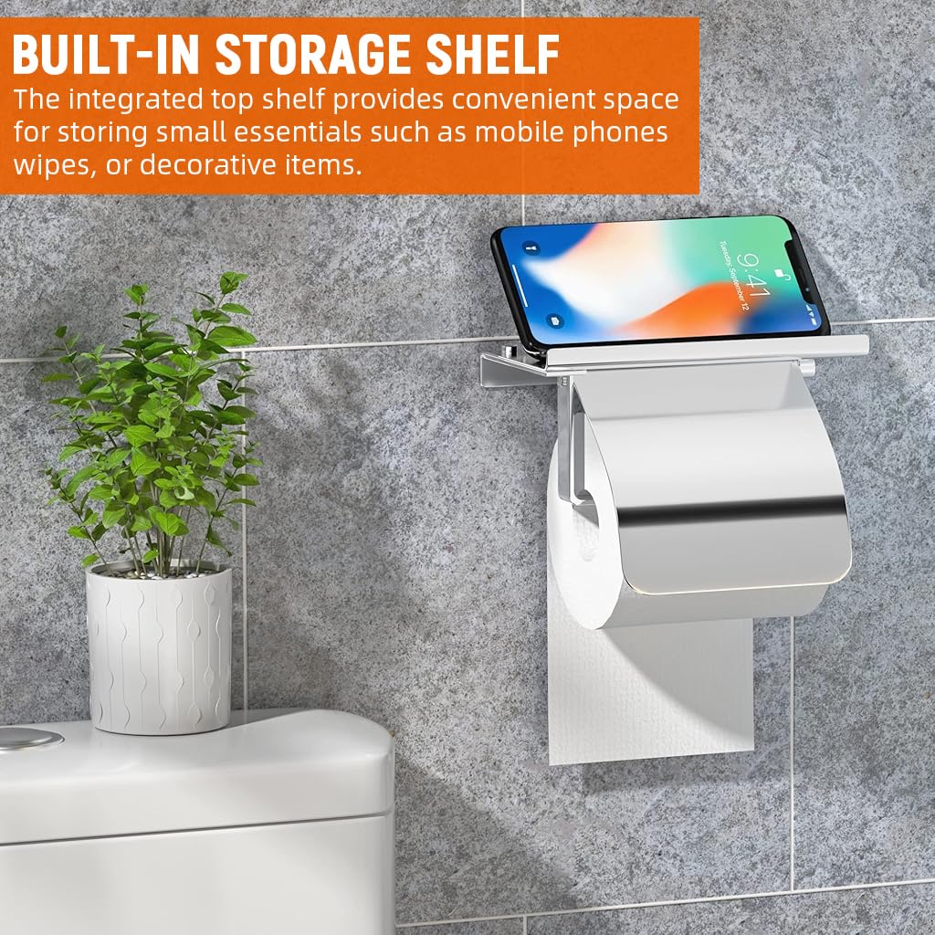 HASTHIP Toilet Paper Roll Holder for Bathroom with Storage Shelf featuring Splashproof Guard Design