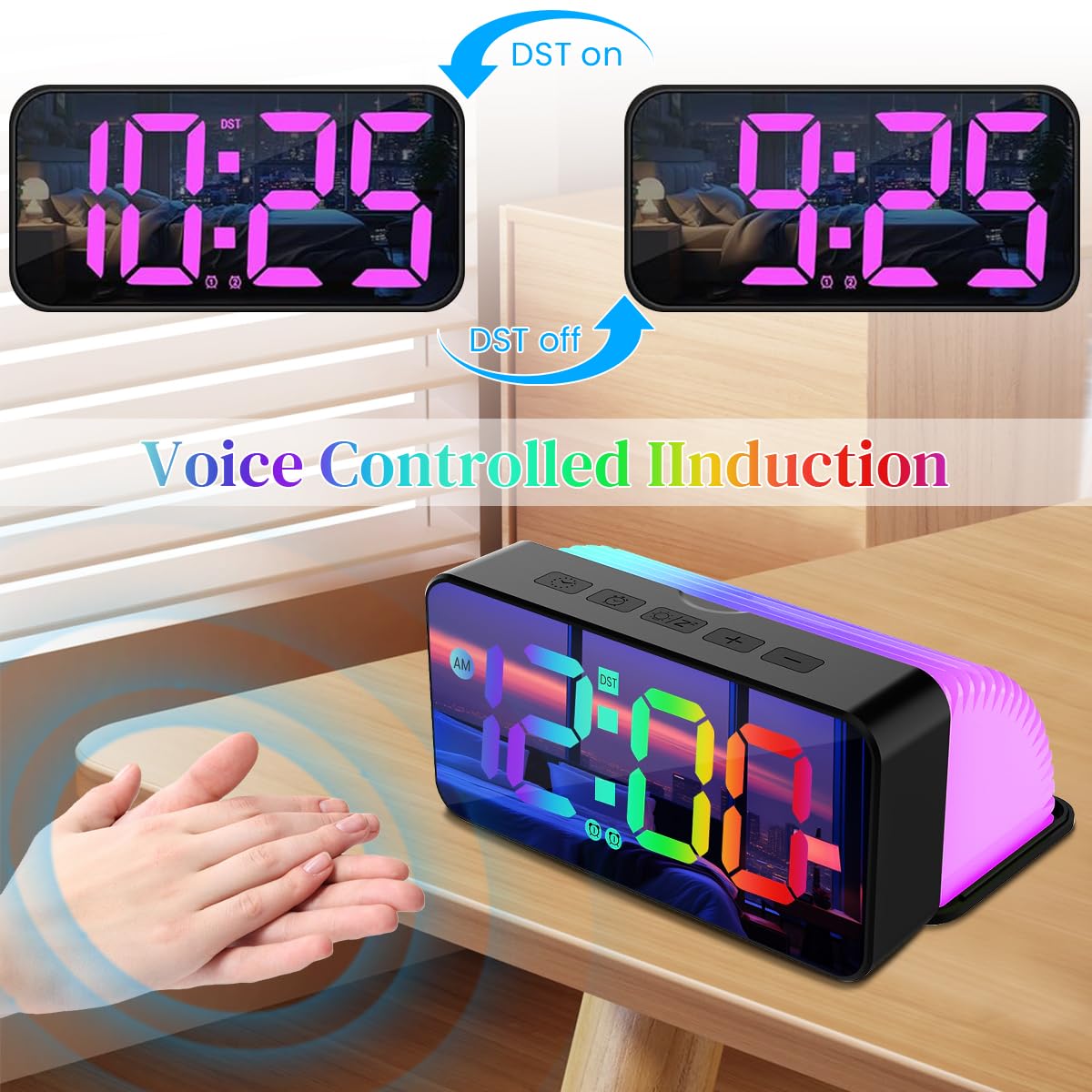 HASTHIP LED Digital Alarm Clock with 14 RGB Color Screen and Dual Alarm | USB Rechargeable Folding Nightlight