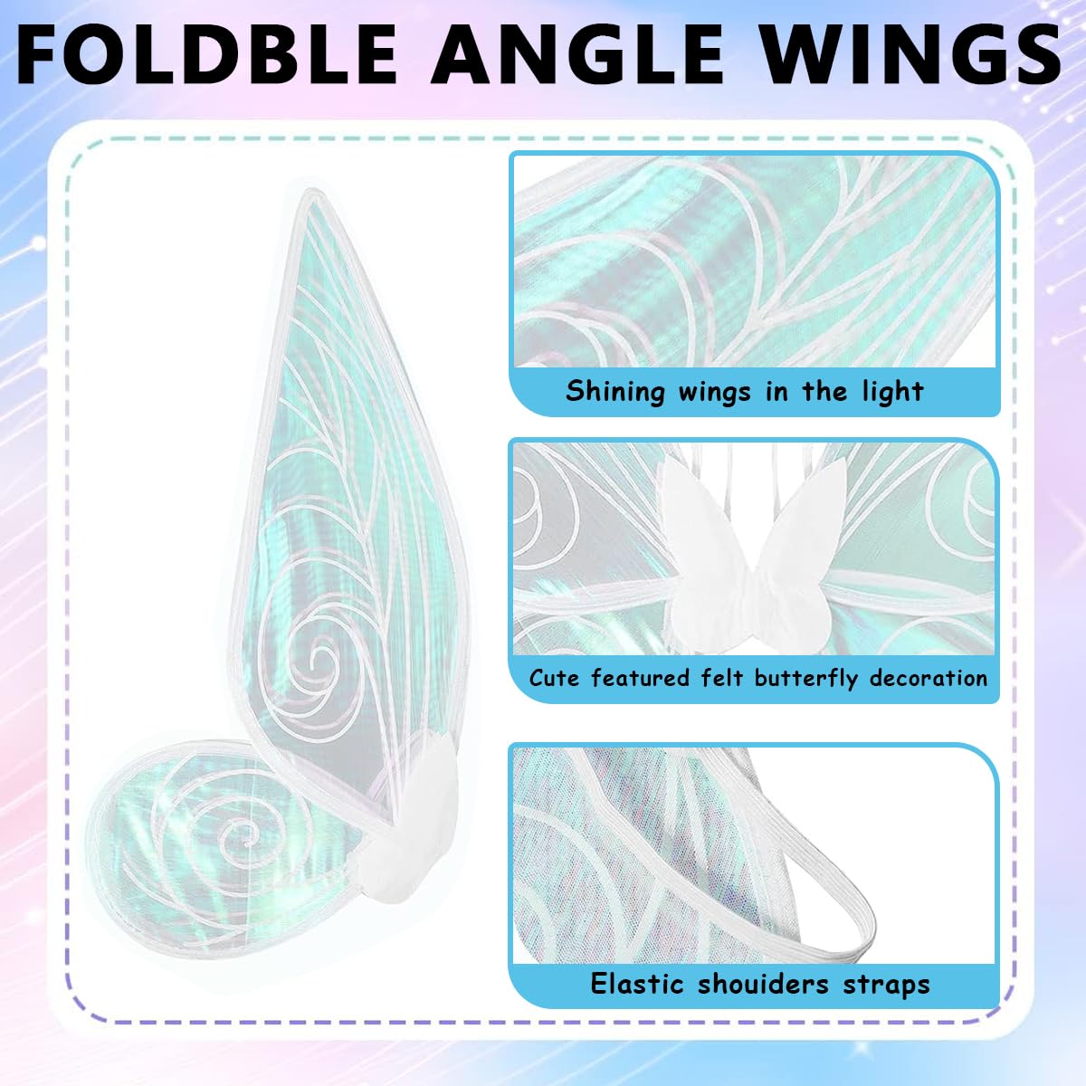 PATPAT Fairy Wings for Kids 5+ Years with Shoulder Strap 60×48 cm Organza White Set | Includes Elf Ears and Flower Garland