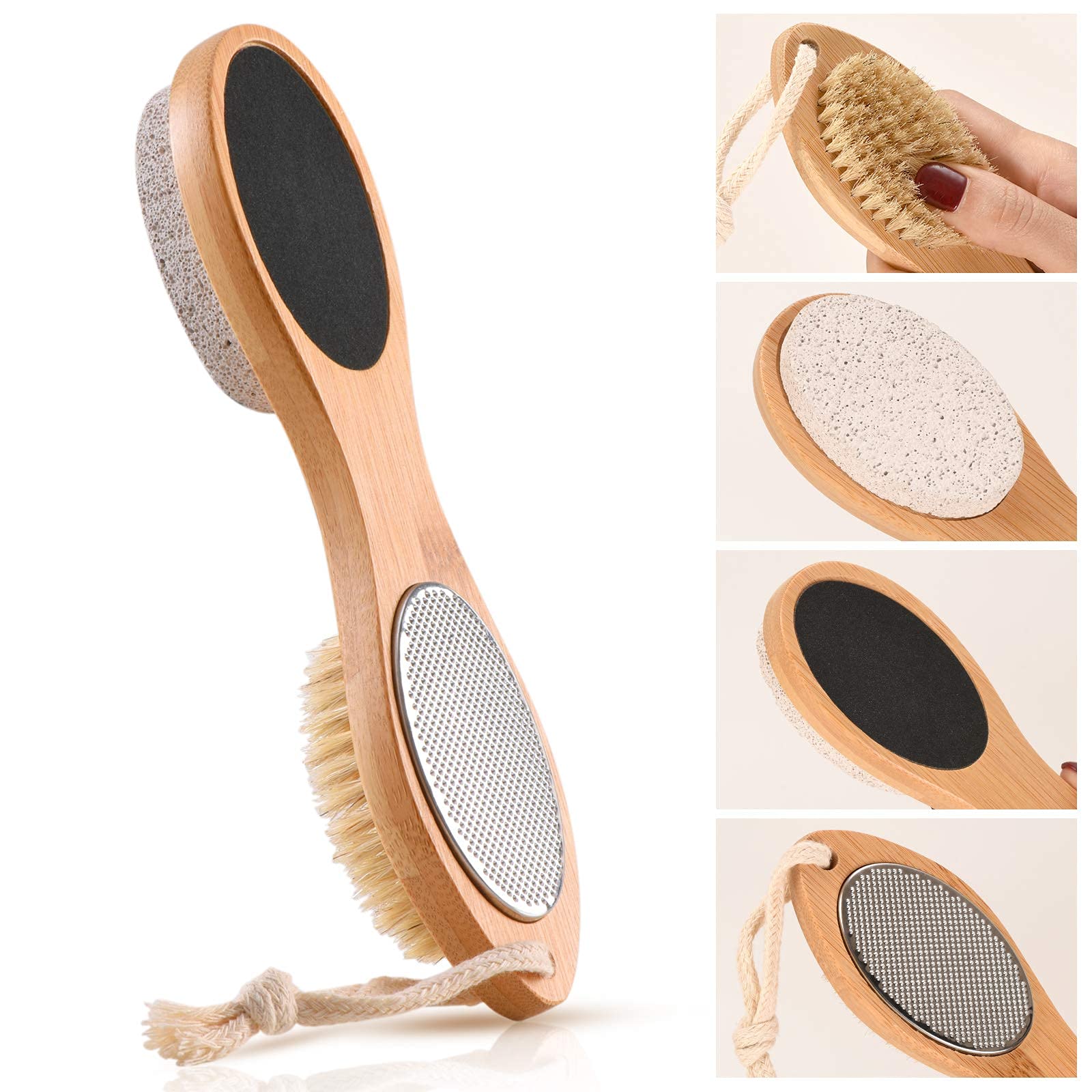 PatPat 4 In 1 Foot Pedicure Brush,Foot Scrubber,Foot File Callus Remover,Exfoliator Tools with Foot Care Bristle Brush,Sand Paper and Bamboo Handle