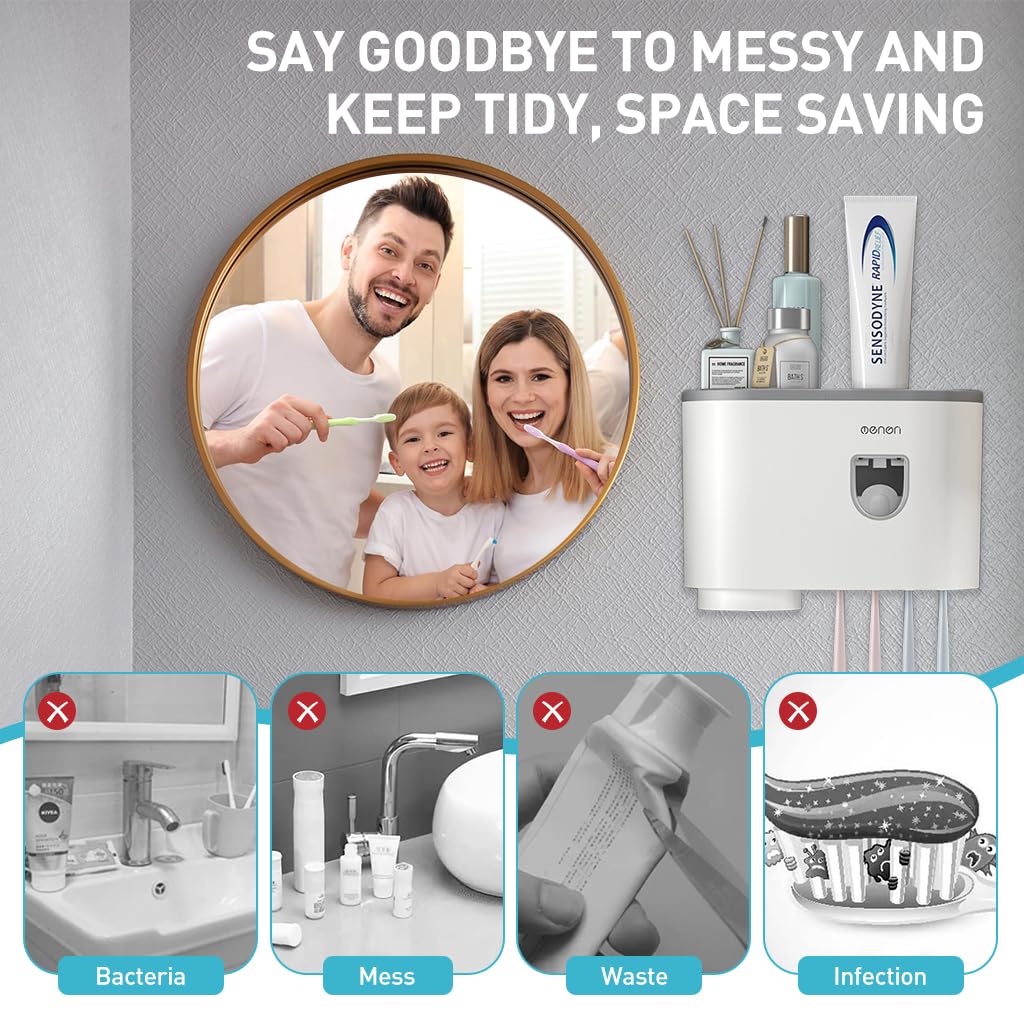 ZIBUYU Toothbrush Holder for Bathroom with Toothpaste Dispenser and Single Cup | 3 in 1 Wall Mounted Organizer 2PCS