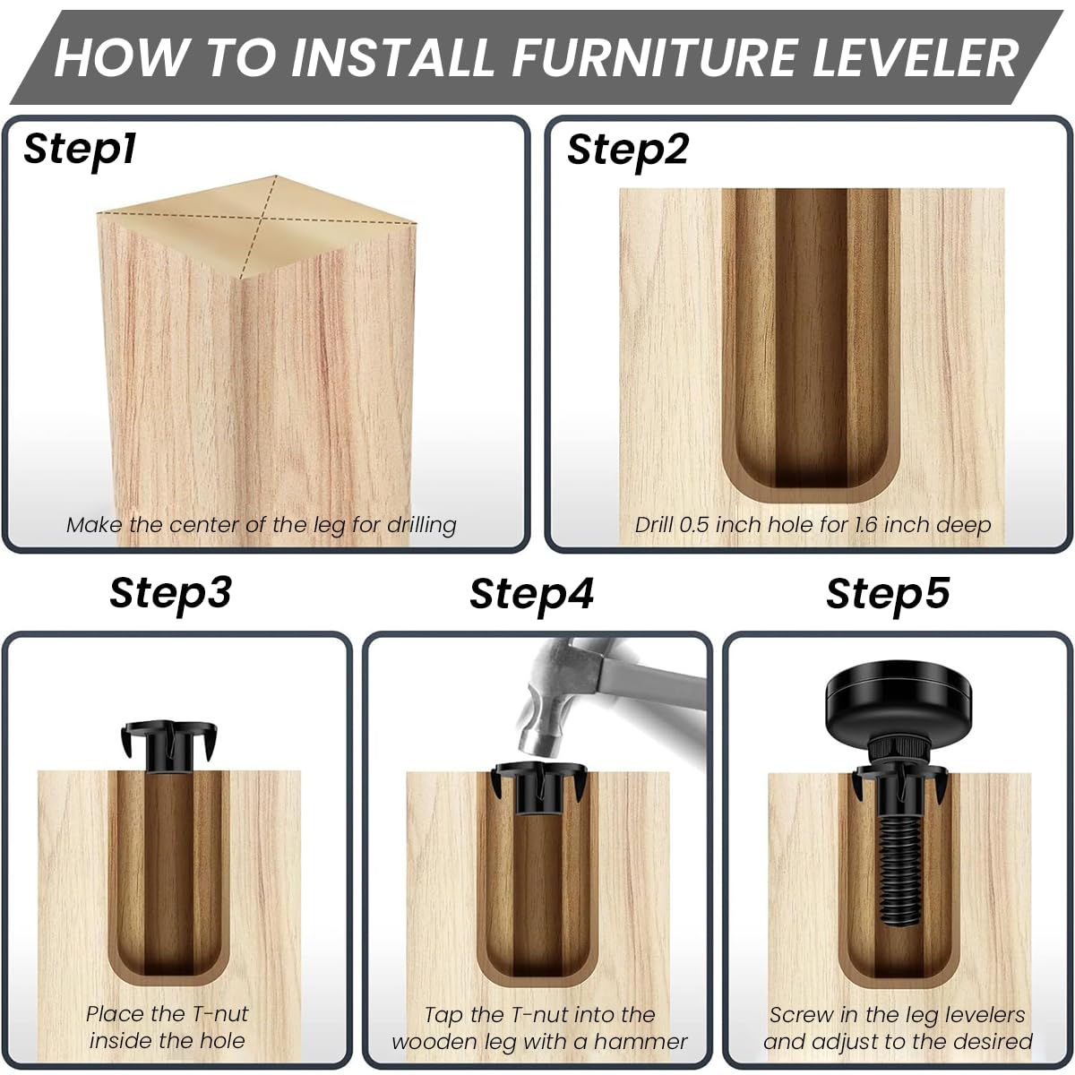 Serplex Adjustable Leveling Feet Set for Furniture Tables and Cabinets with T Nut Kit featuring 3/8 16 Thread Steel Support | 1320lb Load Capacity