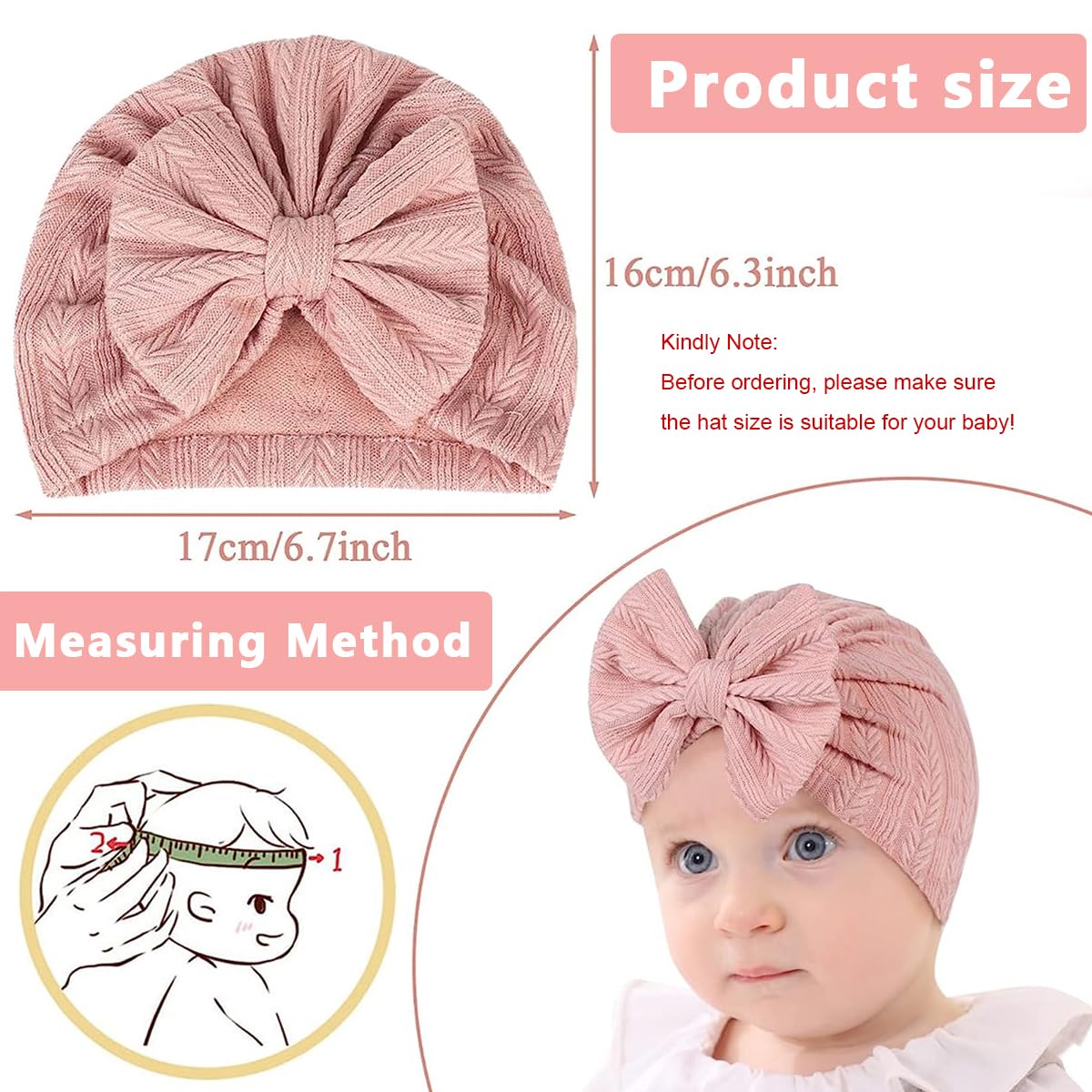 PALAY® 3 Pack Caps for Baby Girl Boy, Stretchy Baby Cap Soft Warm Beanie Infant Baby Hat for Newborns, Lovely Bow Turban Cap for Baby Girl 3-18 Months Shower Gift