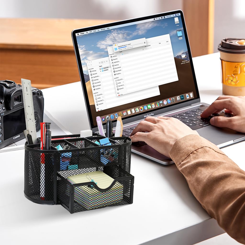 Zibuyu Metal Mesh Desk Organizer for Office and Home with Drawer and 8 Compartments | Black 22×11×10.5 cm