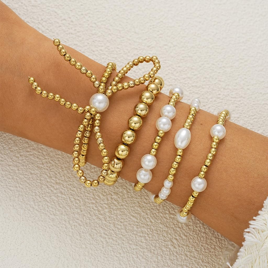 SANNIDHI Bracelet Set for Women with 5 Stackable Gold Beaded Bangles featuring Pearl and Bowknot Design