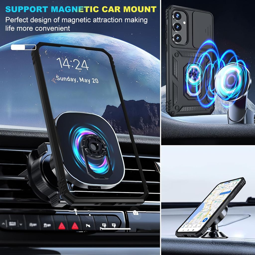 ZORBES Samsung Galaxy A35 Phone Case with Magnetic Kickstand Ring and Slide Camera Cover | Black PC and TPU Shockproof Protection