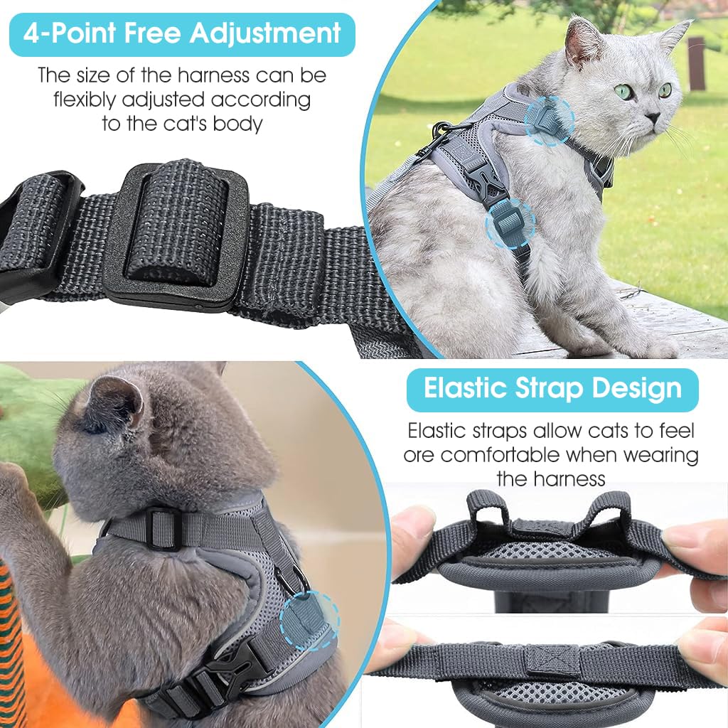 Qpets® Cat Vest Harness with 1.5m Leash Adjustable Size Pet Vest Harness with Quick Release Buckle Breathable Fabric Cat Harness for Small Cat Puppy(M, Grey)