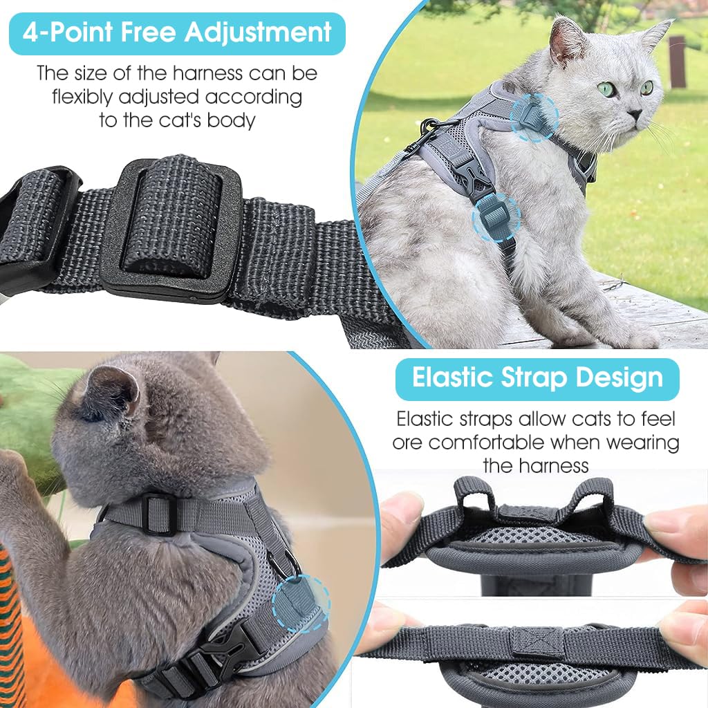 Qpets Cat Vest Harness for Walking with 1.5m Leash and 360° Swivel | Adjustable Breathable Grey Design
