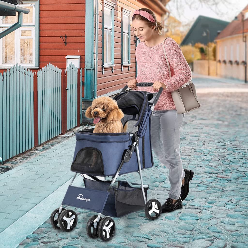 Qpets® 4 Wheels Foldable Pets Stroller for Dogs and Cats with Sunvisor, Brake Wheel, Storage Case, Cup Holder Multifunction Dog Cat Cage Jogger Stroller for Medium Small Dogs Cat(Under 15KG)