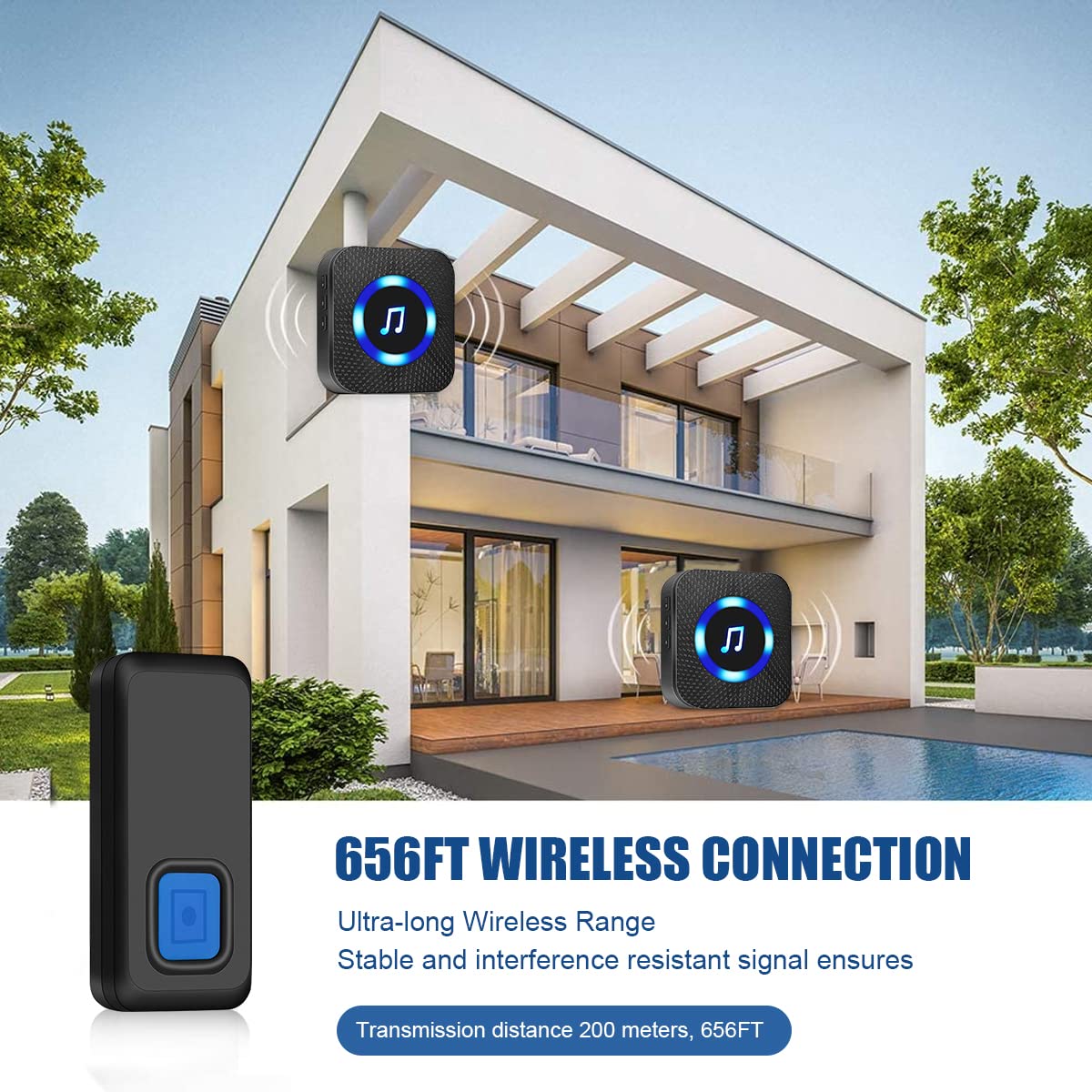 Supvox Door Bell for Home Electrical Long Range Wireless Door Bell Waterproof IP55 Ding Dong Bell with Catching Eye Flash Light Smart Door Bells 55 Ringtones and 5 Level Volume