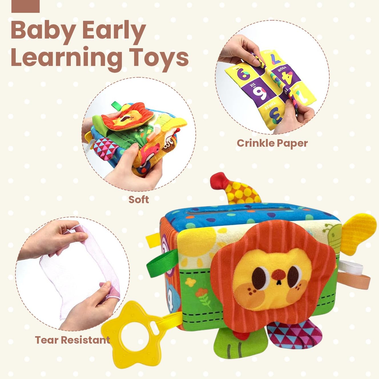 SNOWIE SOFT Soft Tissue Box Baby Toy with 6 Crinkle Tissues and Mirror | Montessori Sensory Play