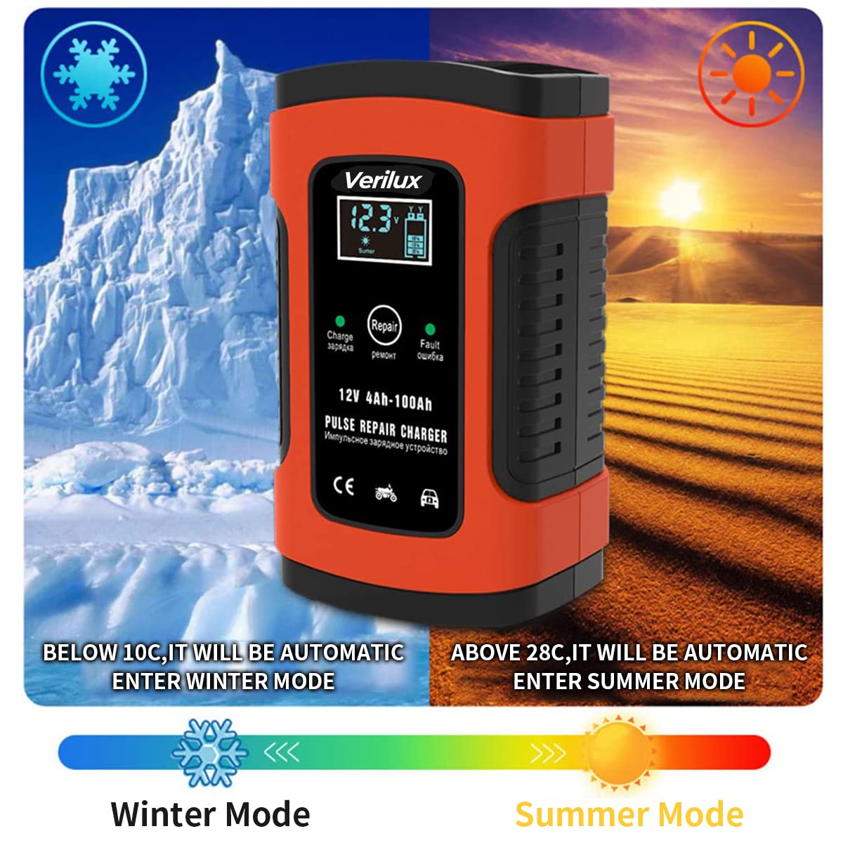 Verilux Battery Charger 5A 12V for Car and Motorcycle featuring LED Display | Pulse Repair