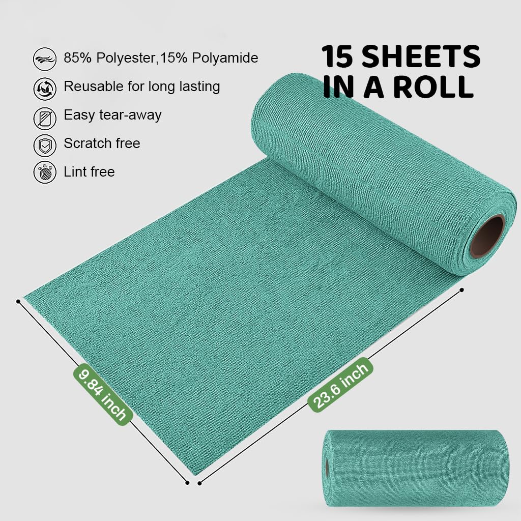 HASTHIP Microfiber Cleaning Cloth for Kitchen with Pre Cut Tear Away Design 15 Count 25x60cm Green