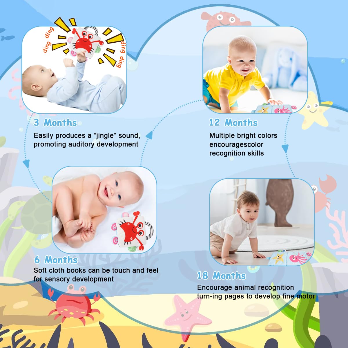 SNOWIE SOFT Baby Cloth Book for Stroller and Car Seat featuring Dimensional Animals | Sensory Toy for 0–6 Month Infants