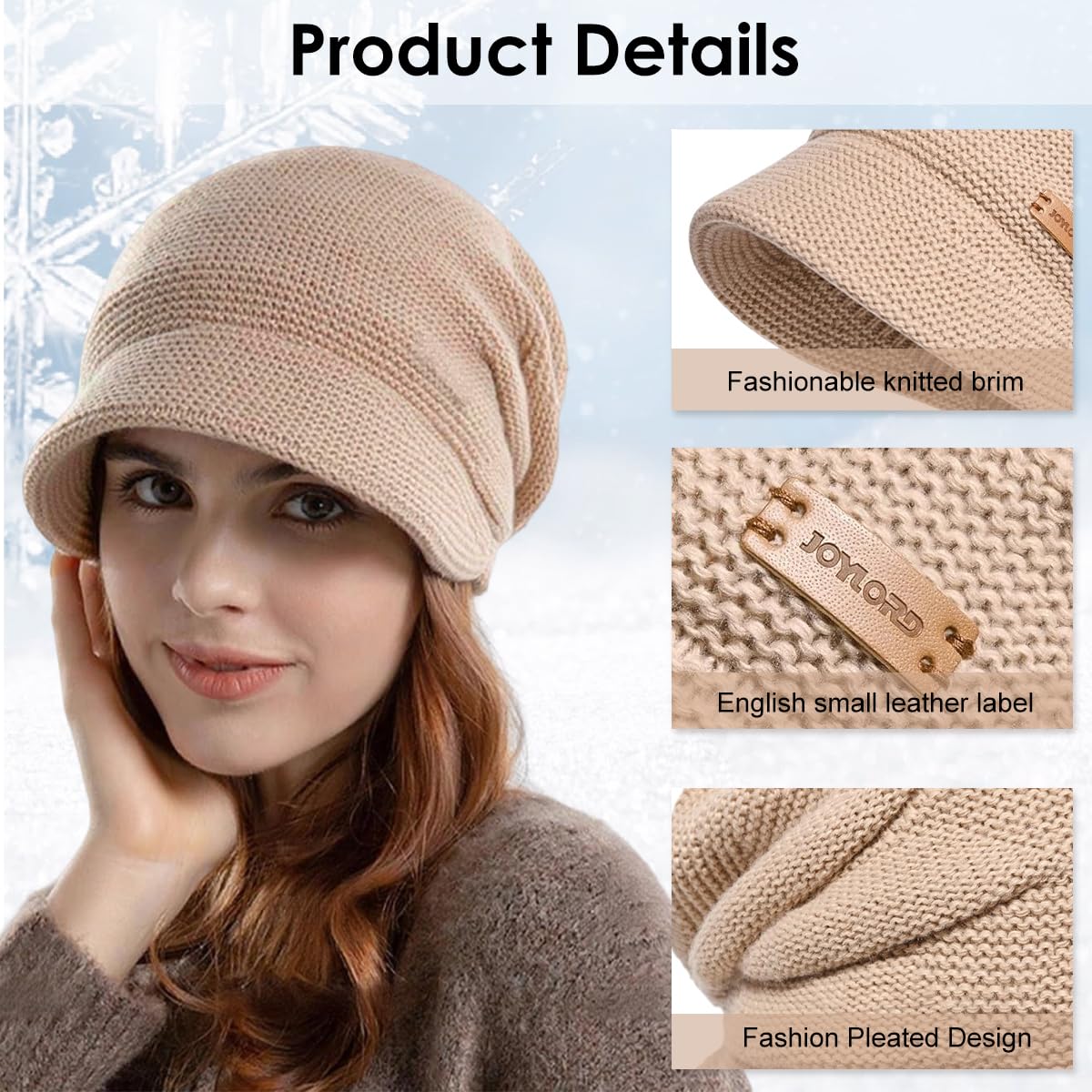 SANNIDHI Winter Cap for Women featuring Plush Lined Knit Fabric and Short Brim | Khaki Slouchy Beanie for Cold Weather