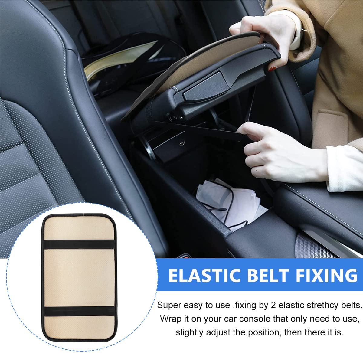 Car Center Console Pad for Arm Comfort with Elastic Belt Fixing and 12.2×7.28 in PU Leather | Waterproof Universal Fit for Car SUV Truck
