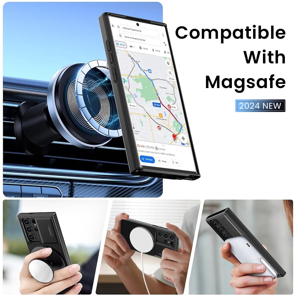 ZORBES Phone Case for Samsung Galaxy S22 Ultra 6.8 inch with Sliding Camera Cover and MagSafe Ring Holder Stand Black