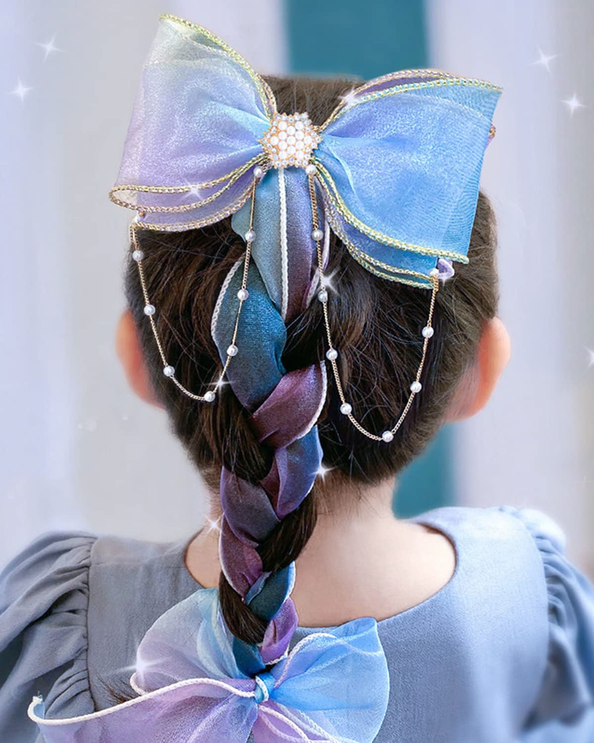 SANNIDHI Hair Bow for Girls with Faux Pearl Clip and 35cm Ribbon Tails | Set of 2