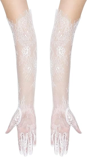 HANNEA® White Long Lace Gloves for Women, Elegant Mesh Elbow Length Bridal Party Accessory, Soft Lace Dress Gloves Fits Arm Circumference up to 11 Inches
