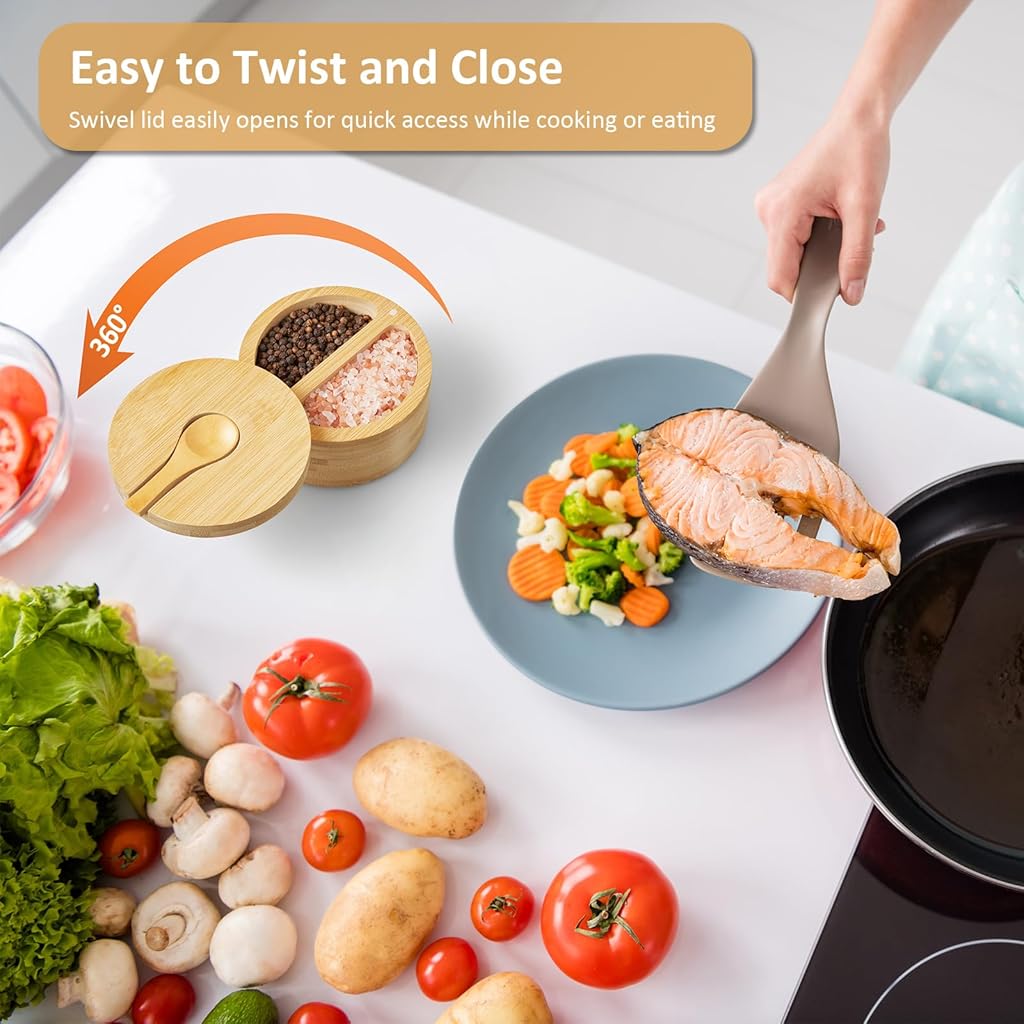 Supvox® 2-Compartment Salt Box for Salt & Spices, Bamboo Salt Cellar with Swivel Lid and Wooden Spoon, Dual 6 oz Salt Containerer