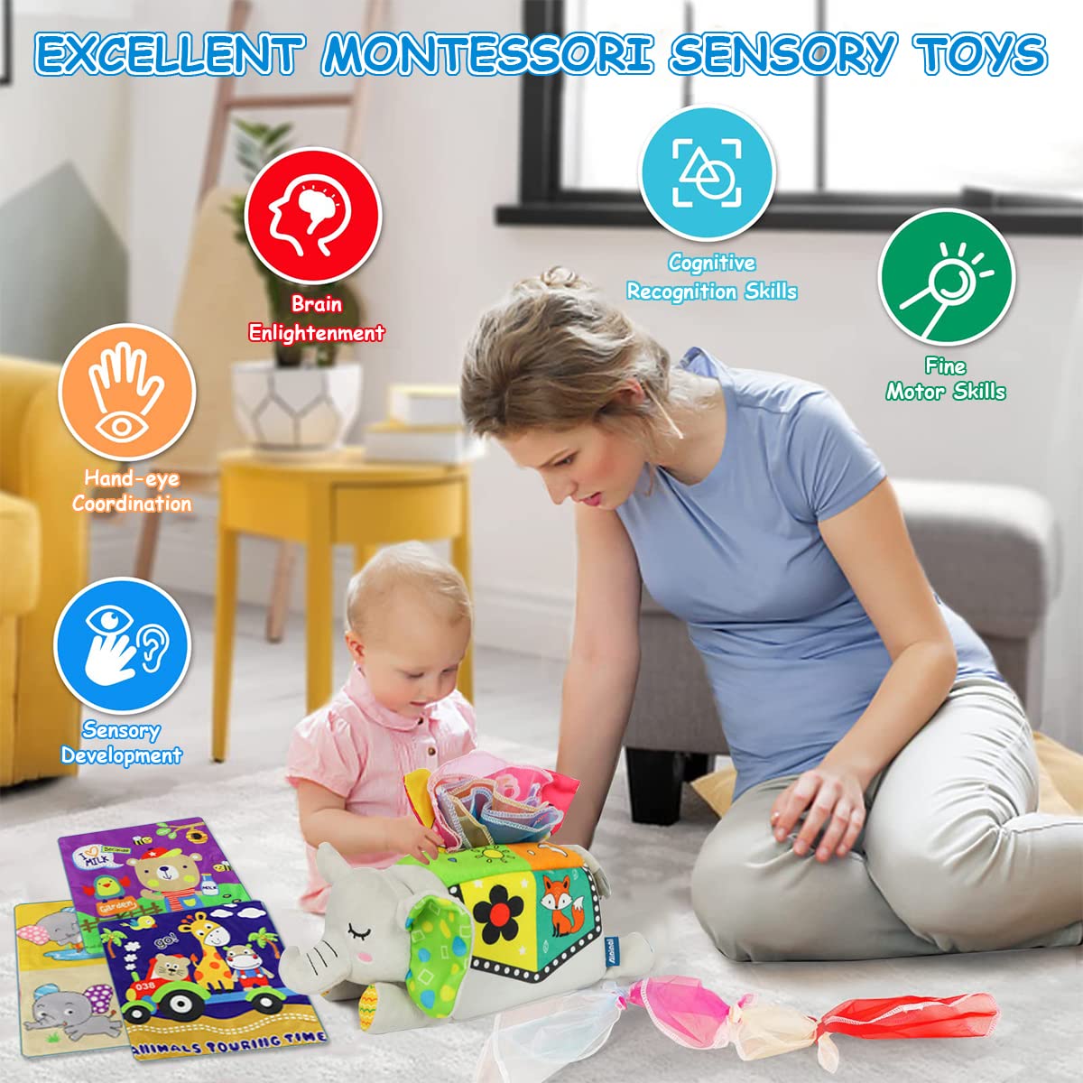 SNOWIE SOFT Sensory Montessori Tissue Box Toy with 8 Color Cloths for Toddlers | Elephant Plush