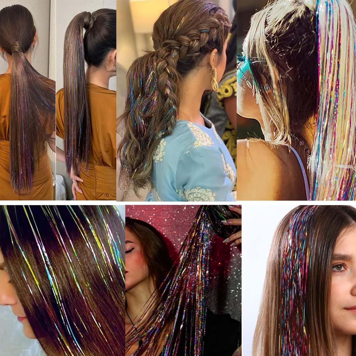 ZIBUYU Hair Tinsel Extensions for Party Styling with 6pcs 23.6 in Clip-on Rainbow Strands | Fairy Hair Accessory