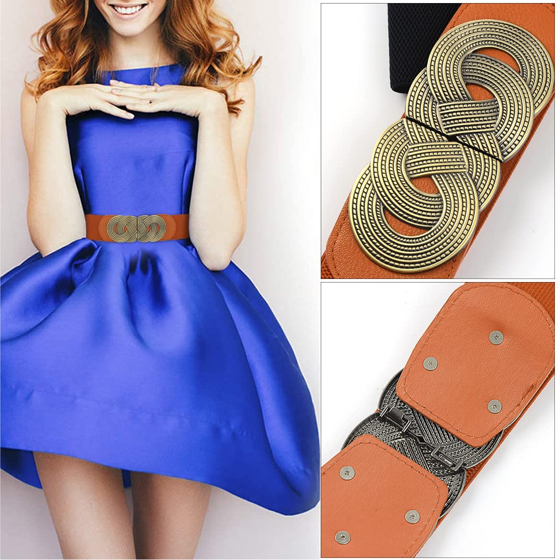 Zibuyu Waist Belts for Women featuring 7.48 in interlocking buckle and light brown elastic | ideal for dresses and jeans