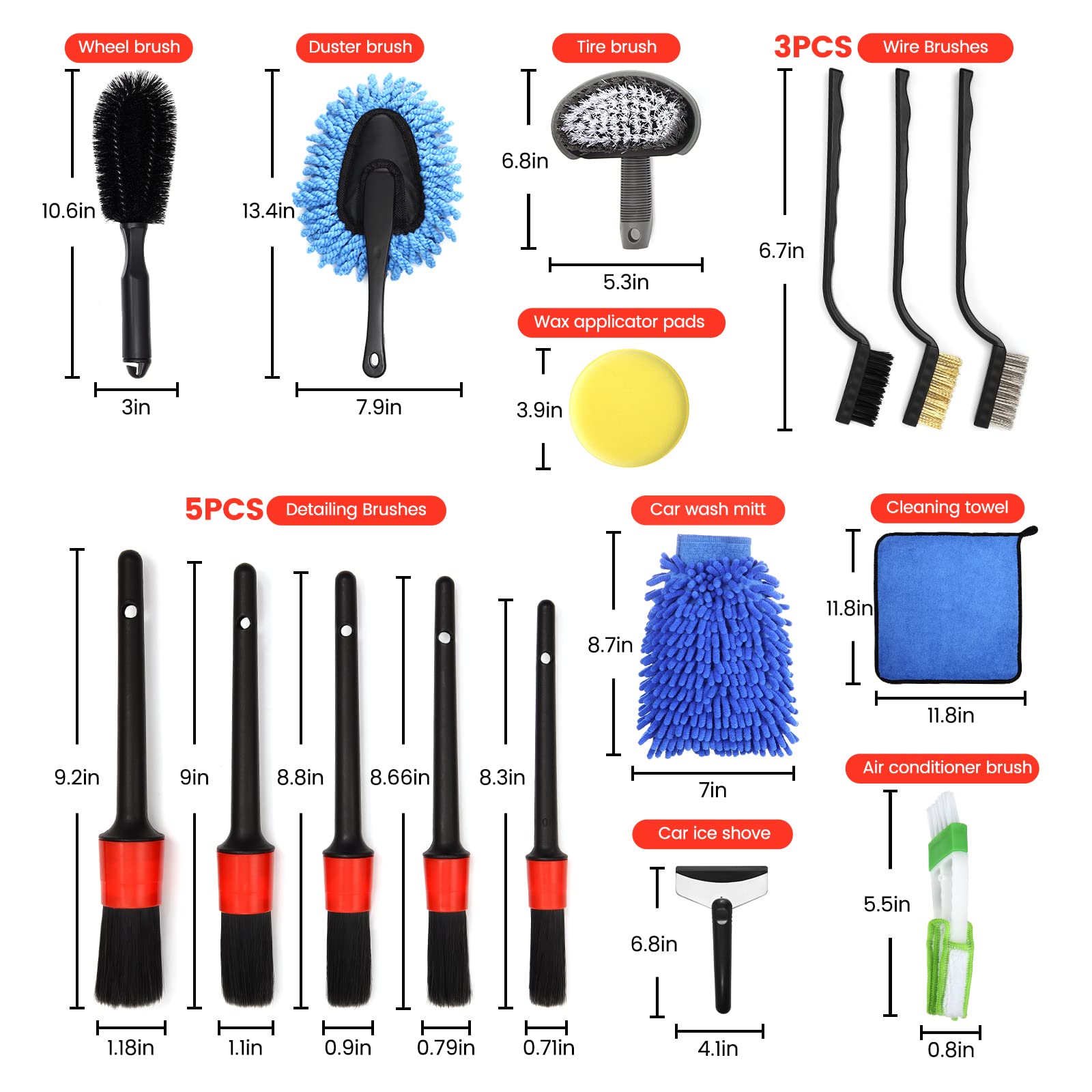 STHIRA® 18Pcs Car Cleaning Brush Kit with Wash Mitt Sponge Towels, Tire Brush Tool Set, Interior Exterior Car Care Detailing Set for Car Motorcycle Bike Cleaning Wheels, Engine, Emblems, Air Vents Use